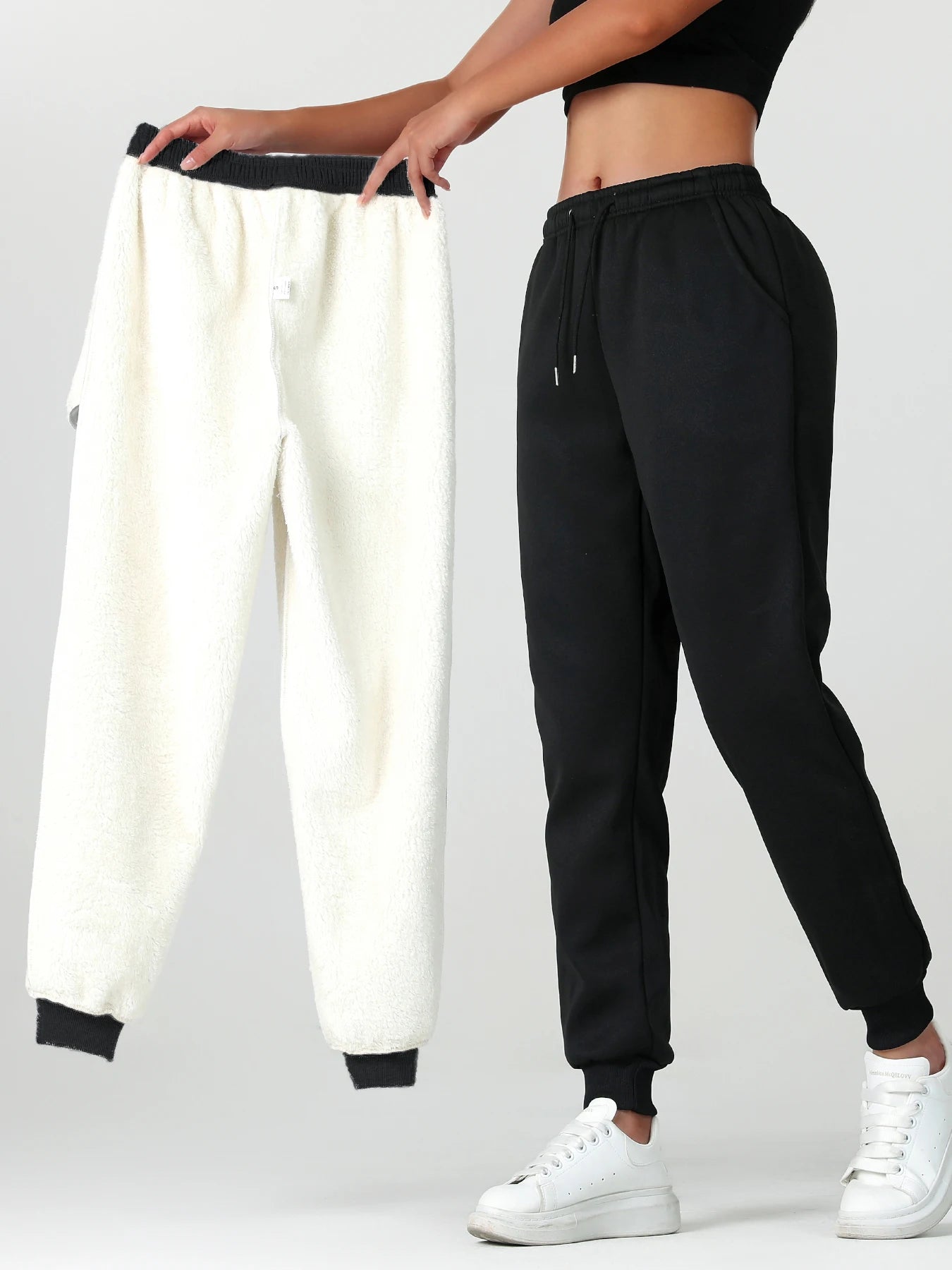 One pair of women's long pants for autumn and winter, thickened with fleece, warm solid color casual sportswear, with pockets