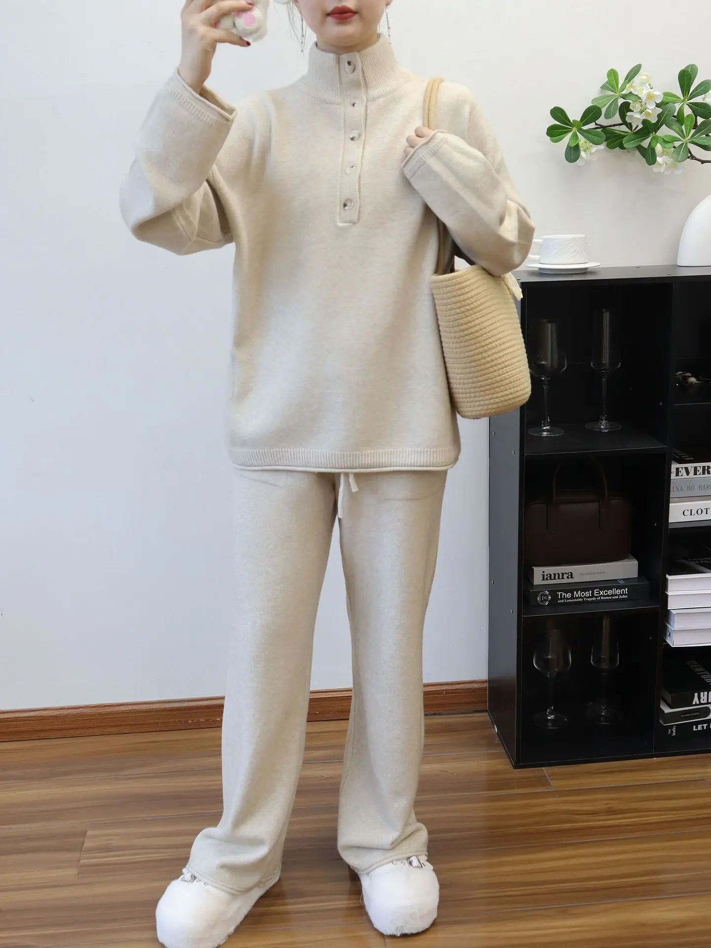 Pant Set Women Two Piece Sets Stand Collar Full Sleeve Knit Tops Wide Leg Long Pants Lace Up Elastic Waist Y2k Streetwear