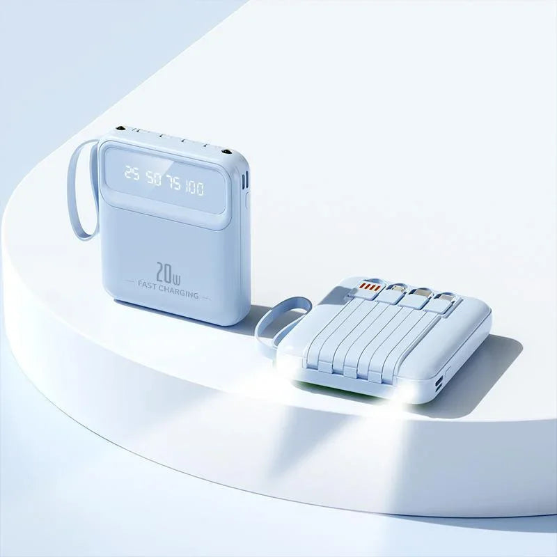 20000mAh Mini Power Bank 4in1 Cable Portable Charger Fast Charging LED Digital Display Poverbank External Battery Mobile Power