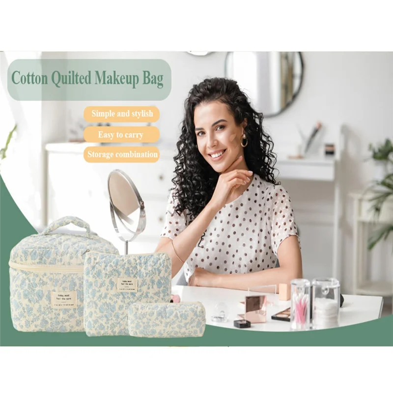 Makeup Cosmetic Bag Cosmetic Bag 3 Pcs Cotton Quilted Makeup Bag Aesthetic Floral Toiletry Bag For Women A