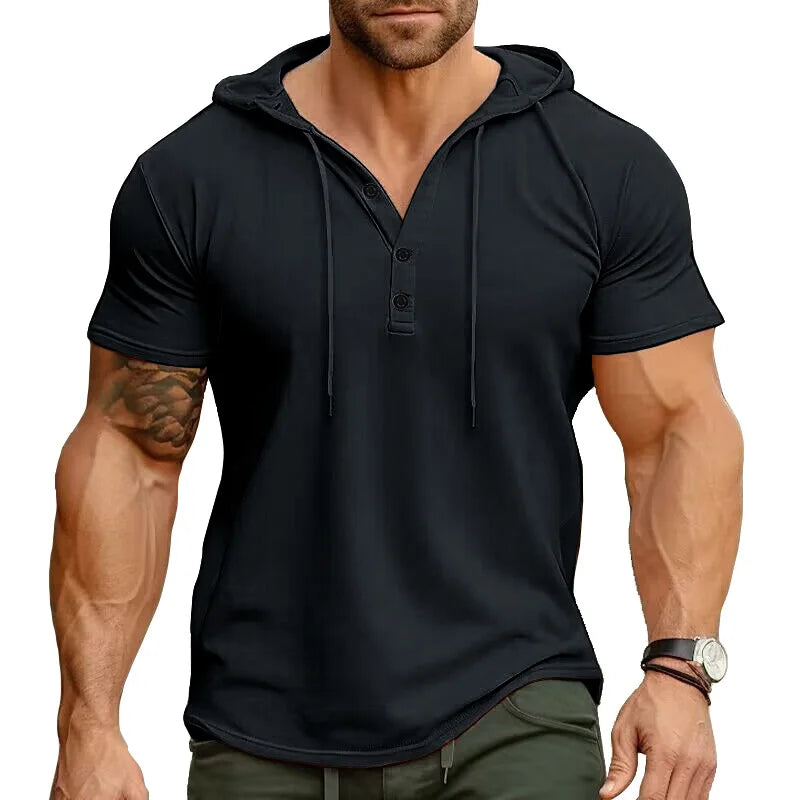 Men's Short-sleeved T-shirts for Sports and Fitness American-style Henley Shirt Hooded Top