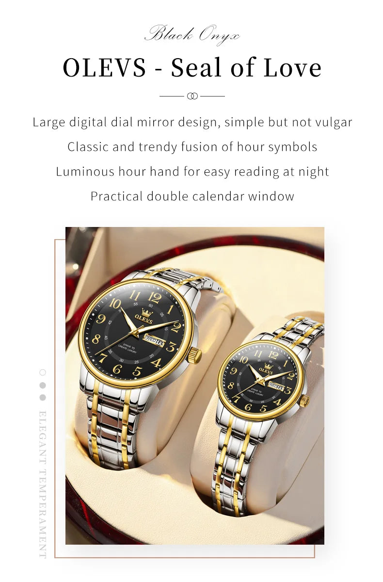 OLEVS 2891 Original Quartz Couple Watch Brand Luxury Double Calendar Waterproof Date Clock His and Her Watch Gift Couple Watch