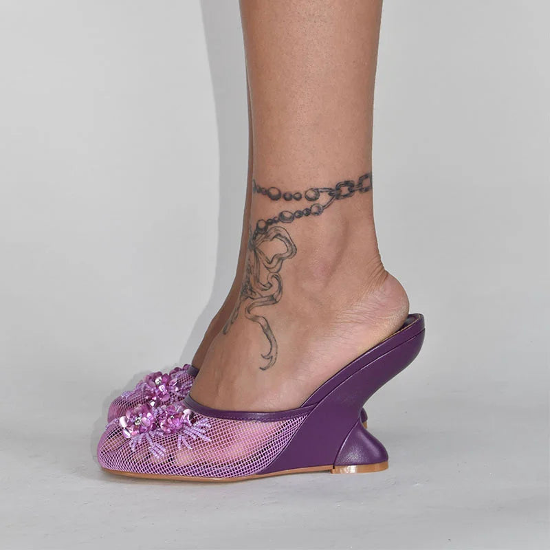 Woman Sandals 2025 Summer Fashion Sexy Hollow Out Strange Style Female Shoes Crystal Flower Decoration High Heel Ladies Slippers