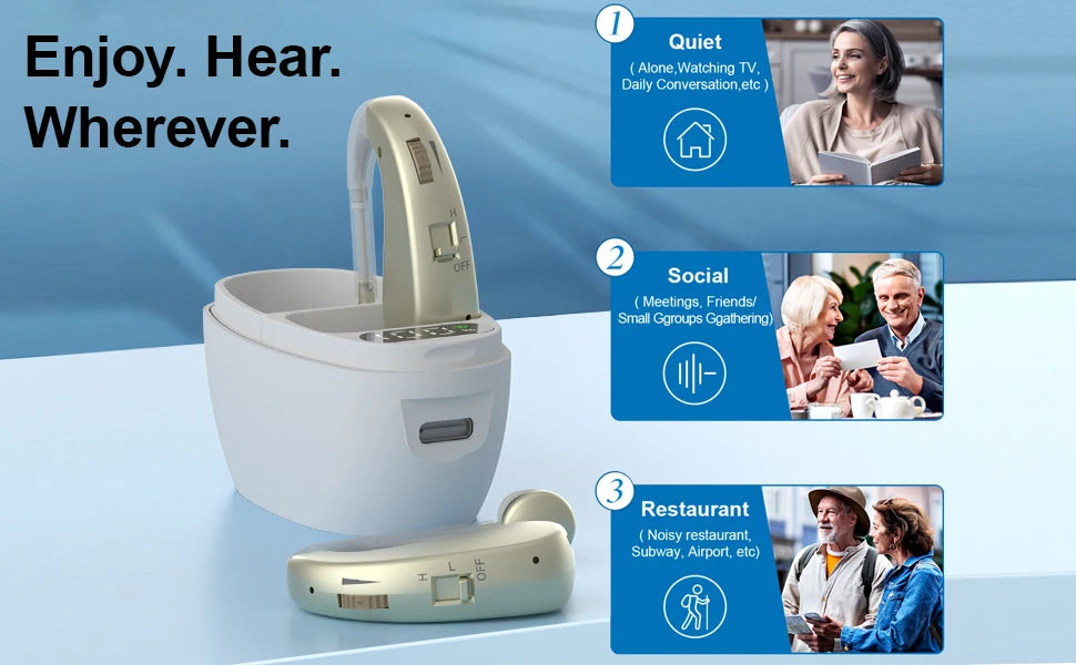 Auxiliary headphones, sound amplifier, noise reduction, adjustable volume, hanging ear with charging case