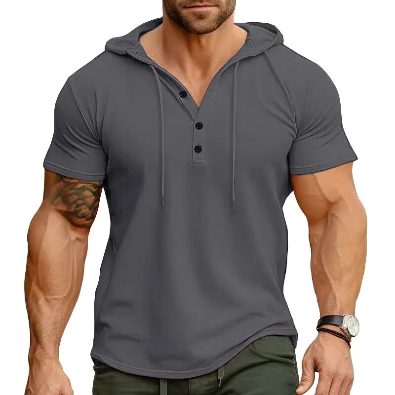 Men's Short-sleeved T-shirts for Sports and Fitness American-style Henley Shirt Hooded Top