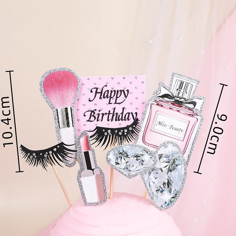 Girl's Birthday Party Cosmetics Decorations Lipstick Perfume Bottle Eyeshadow Box Cake Top Lady's Mom's Birthday Cupcake Toppers