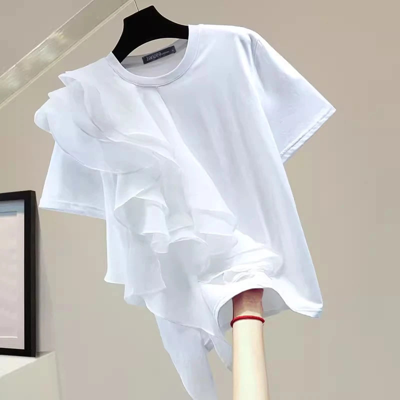 ZANZEA Women Ruffled Stitching Blouse Fashion Holiday O-neck Tops 2024 Summer Short Sleeve Tunics Casual Loose Solid Blusa Femme