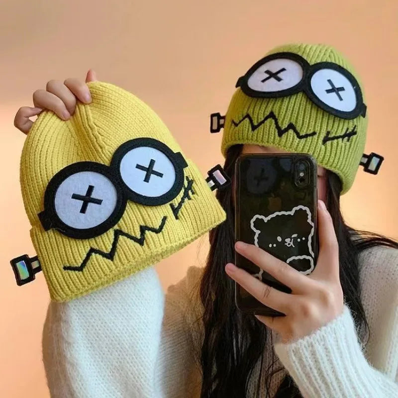 Winter Women Cartoon Hat Cute and Funny Knitted Hat Candy Colored Little Monster Glasses Cute and Warm Hat