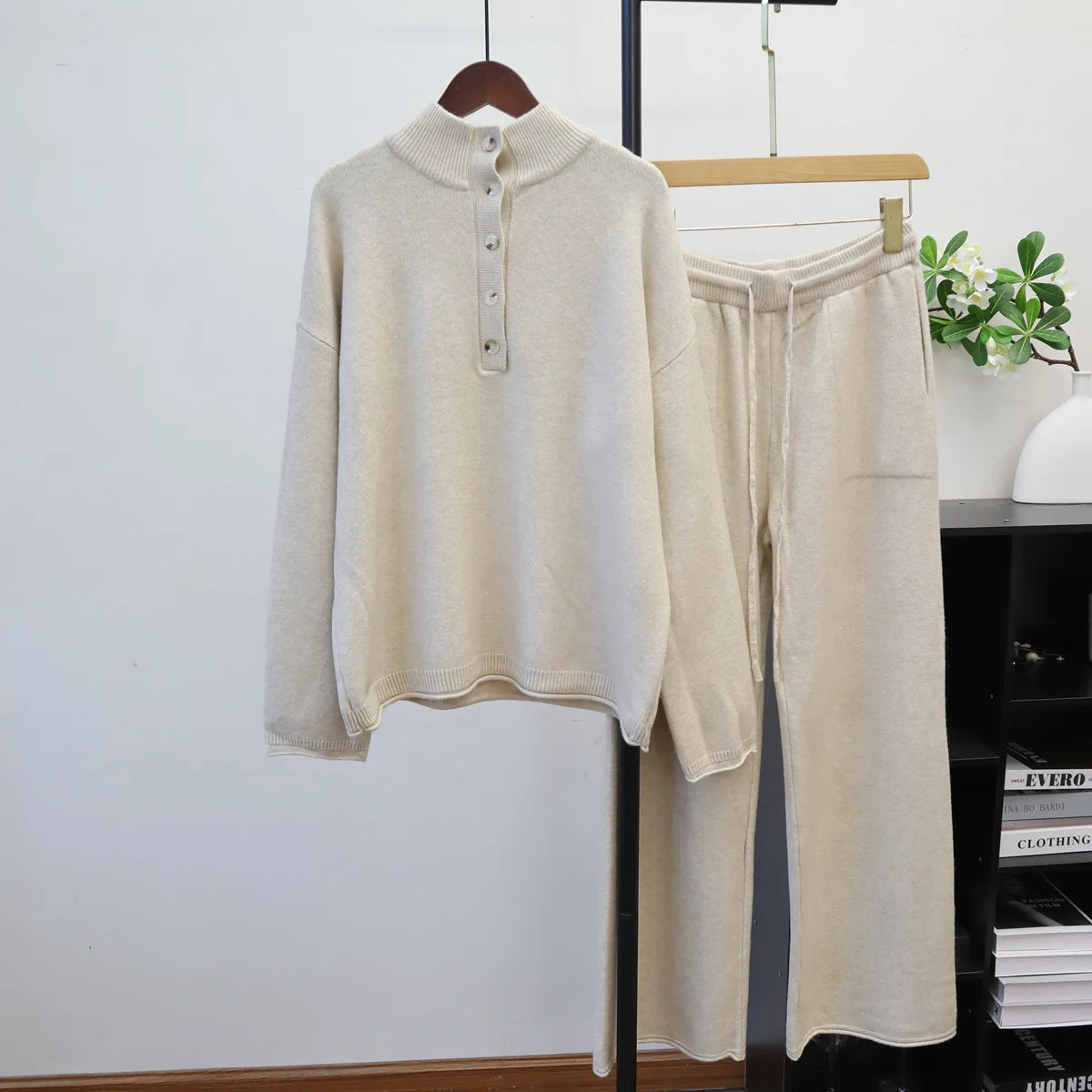 Pant Set Women Two Piece Sets Stand Collar Full Sleeve Knit Tops Wide Leg Long Pants Lace Up Elastic Waist Y2k Streetwear