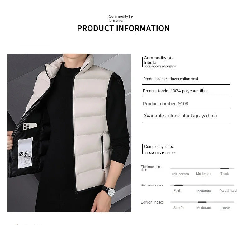 Autumn Winter Warm Vest Standing Collar Windproof Simple Solid Color Thin High Trend All Quality Fabric Comfortable Breathable