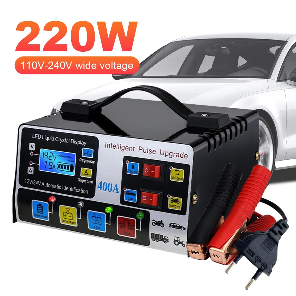 400A Heavy Duty Smart Battery Charger 12V/24V Battery High Power Fast Charger Five-Stage Intelligent Pulse Repair Charger 220W
