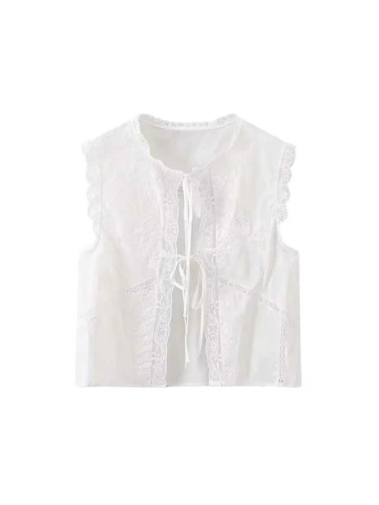 Women's Lace Embroidery Blouses, O Neck, Sleeveless, Front Tied, Female Shirts, Chic Tops, Fashion