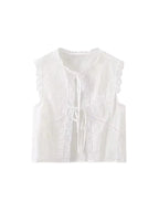 Women's Lace Embroidery Blouses, O Neck, Sleeveless, Front Tied, Female Shirts, Chic Tops, Fashion