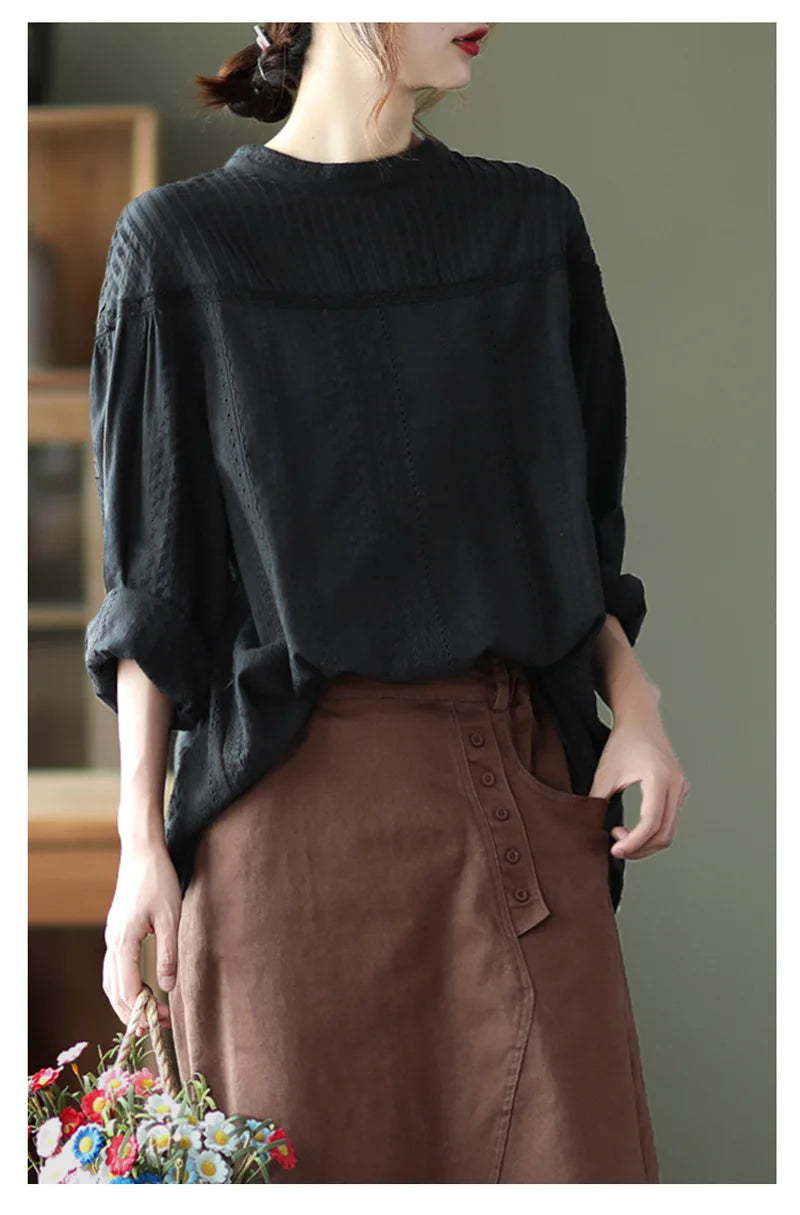 Women's elegant blouses 100% cotton embroidery hollow out white black shirts ladies office wear women long sleeve tops