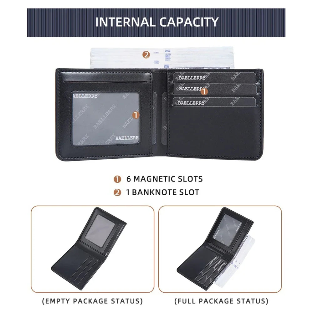 Men's PU Wallet, High - Quality Leather - Like, 6 Magnetic Slots + 1 Banknote Slot, Zipper Coin Pocket, ID Card Window