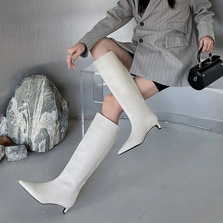 Pointed Toe Women High Boots Leather Fashion Sexy Heels Shoes Woman  Trend New Snow Boots Low Heels Elegant Goth Mujer Botas