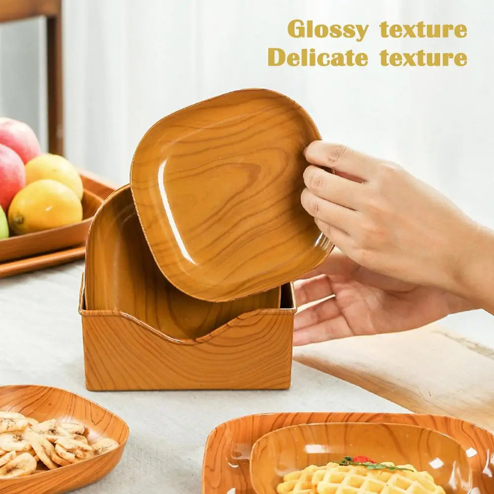 Kitchen Wood Grain Plastic Square Plate Japanese Simple Wood Grain Dish Set For Tableware Kitchen Bowl Dish Dinnerware