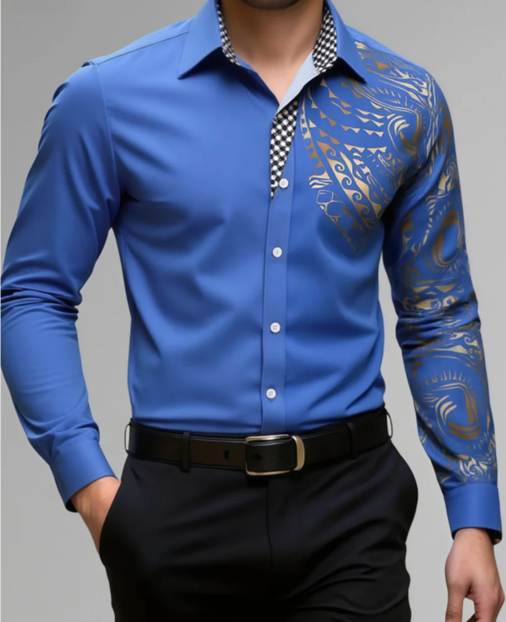 New men's fashionable business casual long sleeved shirt, classic printed collar, social party comfortable men's clothing