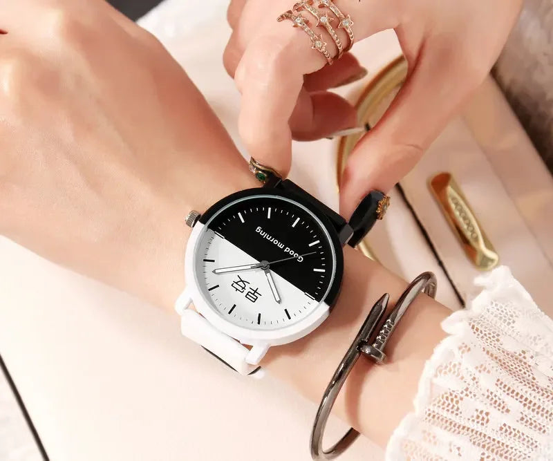 Lovers Watch Intimate Regards Good Morning Good Night Dial Leather Quartz Watch Fashion Trending Black White Case Couple Watches