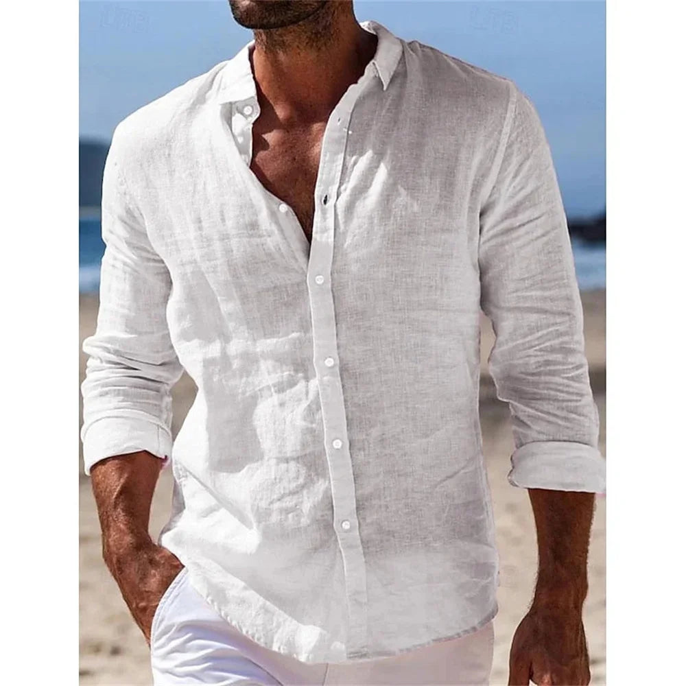 Men's Shirt Linen Shirt Summer Beach Shirt Button Solid Color Casual Daily Black White Pink Navy Blue Long Sleeve Lapel XS-6XL