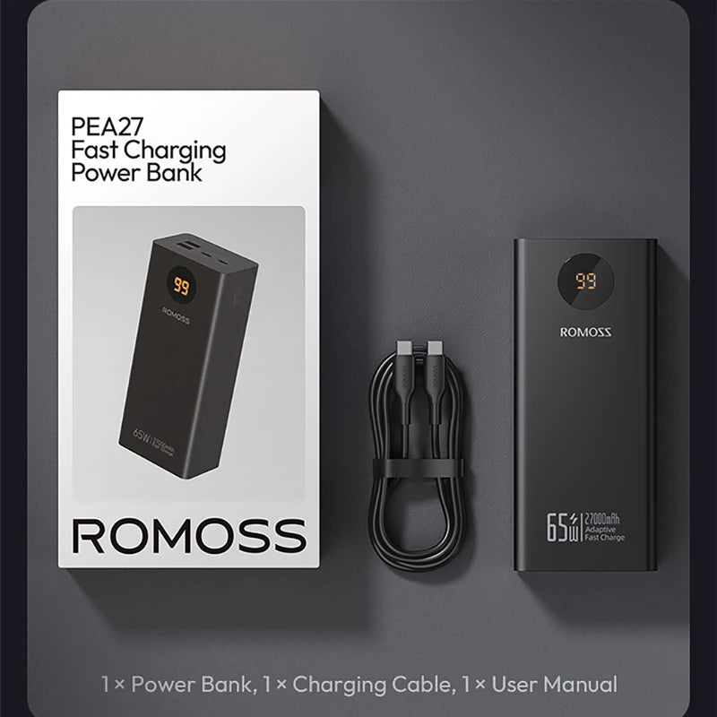 Romoss Power Banks 27000mAh 65W Fast Charge Laptop Portable Charger Powerbank External Battery For iPhone 16 Xiaomi Huawei
