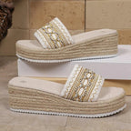 Women's Slippers  for Beach Heeled Sandals Bohemian Handmade Ladies Espadrillesm Ethnic Style Cotton Rope Platform Shoes