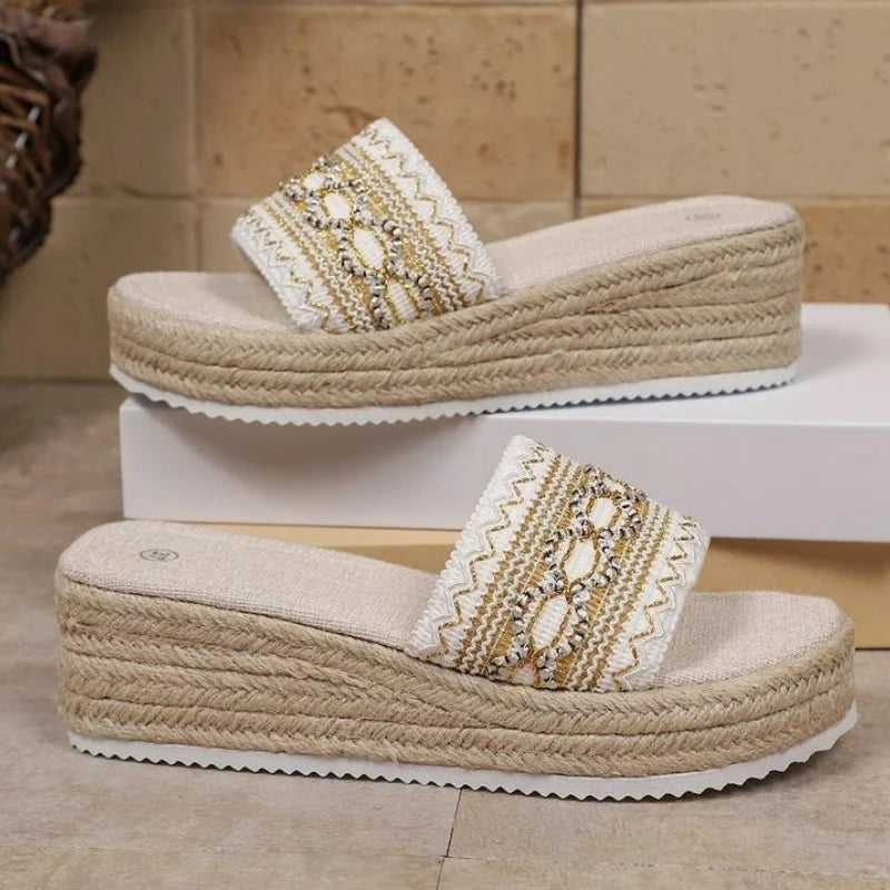 Women's Slippers  for Beach Heeled Sandals Bohemian Handmade Ladies Espadrillesm Ethnic Style Cotton Rope Platform Shoes