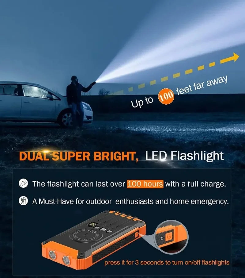 Waterproof Outdoor Solar Battery Power Bank Big Capacity 20000Mah 30000mah Emergency Wireless Power Banks with 4 Lines Universal