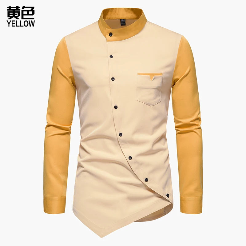 Men Shirt Long Sleeve Personality Diagonal Button Shirts for Men Luxury Designer Irregular Henry Collar Top Grade Tops