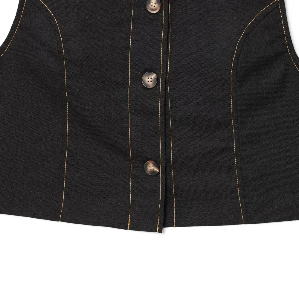 Women's Color Contrasting Stitch Collar Single breasted Straight Tank Top Long Fold Belt Bermuda Shorts Summer New Pants