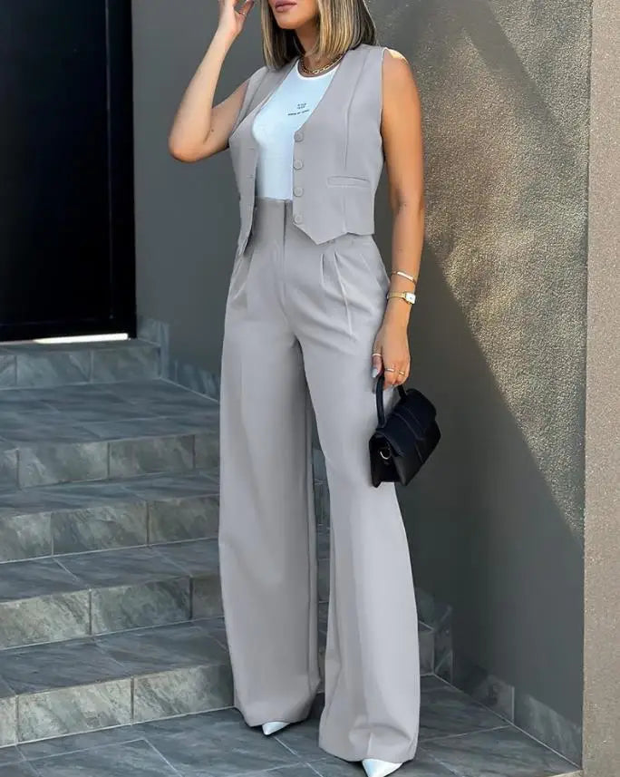 Pant Sets Women Wide Leg Pants Two Piece Suit Single Breasted Vets Sleeveless High Waist Elegant Trousers Pockets Solid Outwear