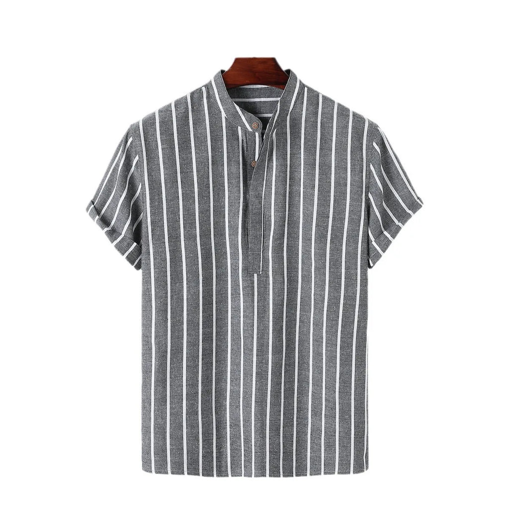 Men Fashion Striped Shirt Short Sleeve Casual Linen Shirts Tops Male Formal Social t-Shirts Stand-Up Collar Shirts Man Clothes