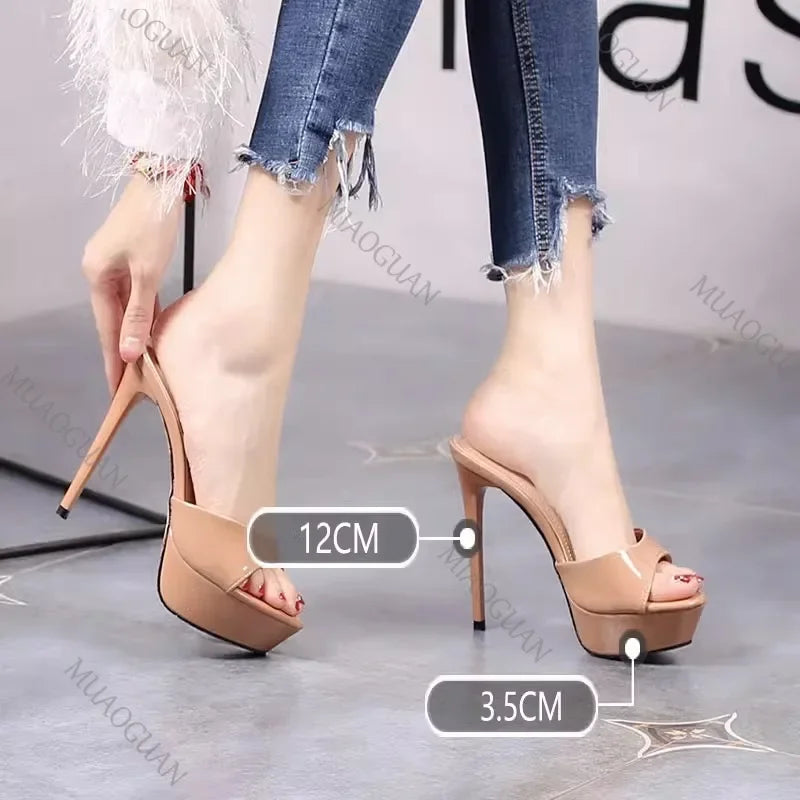 Women 12CM High Heels Outdoor Shallow Mouth Sandals 2025 New Summer Thick Platform Slippers Simple Style Slide Shoes For Woman