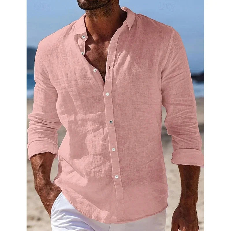 Men's Shirt Linen Shirt Summer Beach Shirt Button Solid Color Casual Daily Black White Pink Navy Blue Long Sleeve Lapel XS-6XL