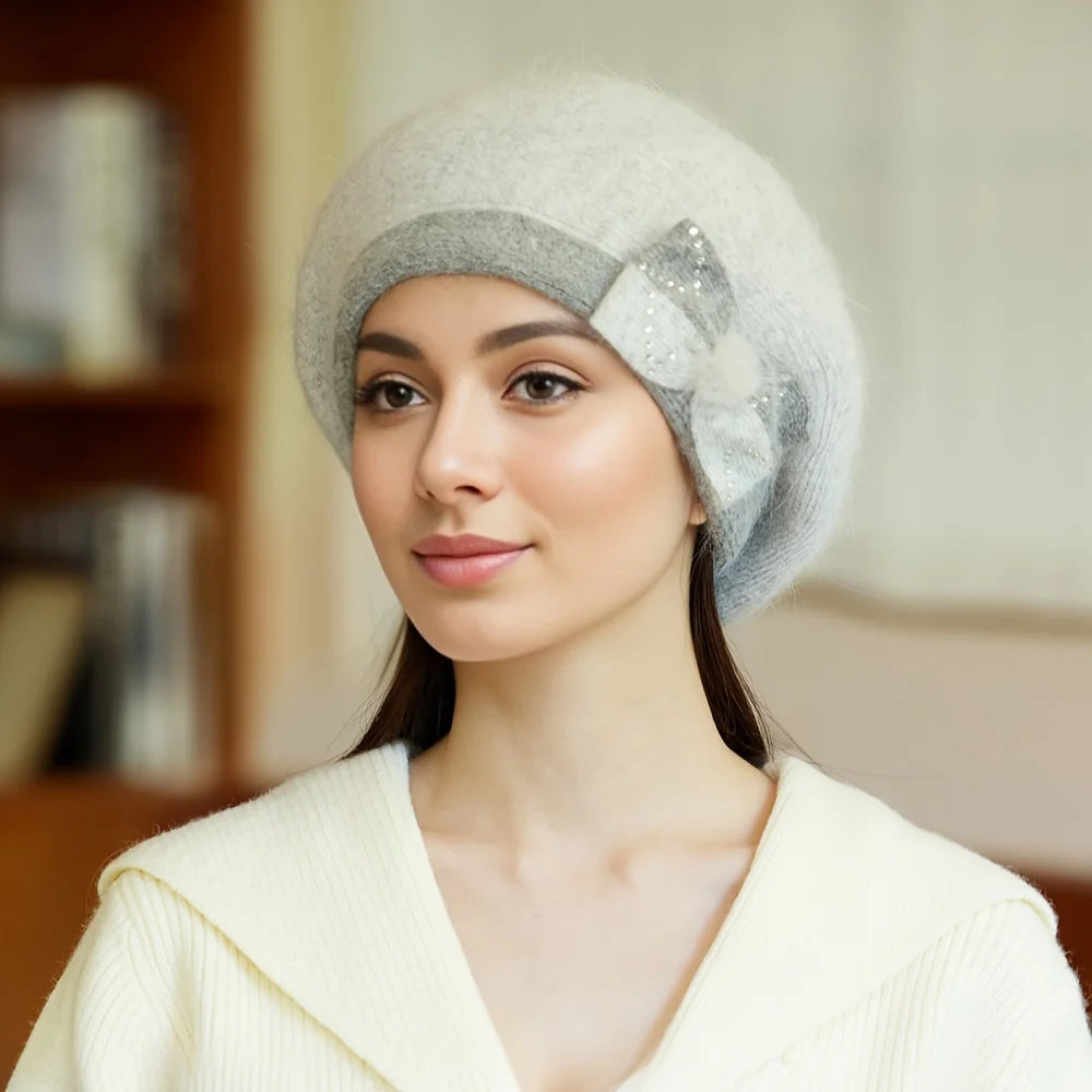 Autumn and winter hats, children's brimless rabbit fur hats, butterfly knot diamond knitted hats, pullover hats, double-layer th