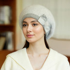 Autumn and winter hats, children's brimless rabbit fur hats, butterfly knot diamond knitted hats, pullover hats, double-layer th