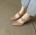 Sandals for Woman Summer 2024 High Heels One Word Women's Shoes Leather Pointed Toe Buckles Thick Heel Medium Footwear Comfort F