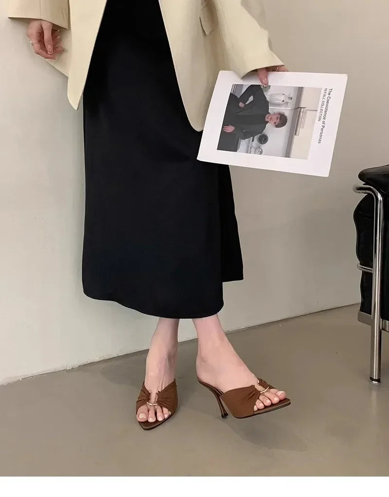 Elegant Woman Heeled Shoes 2025 New Open Toe Slippers Women Fashion Outdoor Metal Decoration Summer Plus Size Dress High Heels