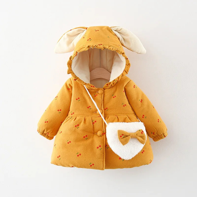 Winter Girls' Cotton Jacket, New Cute Children's Clothing, Solid Color Printed Girls' Cotton Jacket, Rabbit Ear Hooded Bag Gift