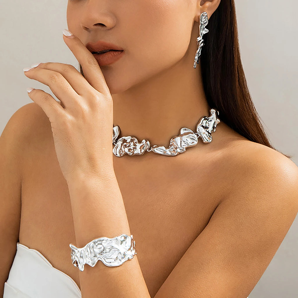 3Pcs Exaggerate Heavy Metal Liquid Irregular Necklace Vintage Statement Pleated Choker Women's Steampunk Jewelry Sets