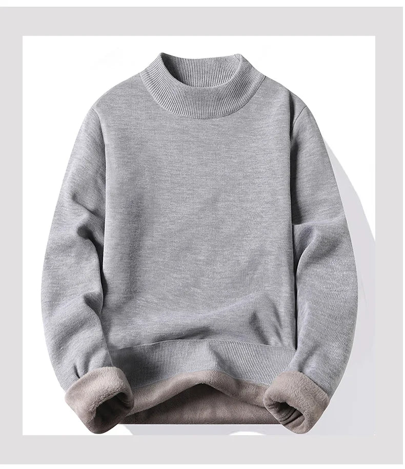 Winter New Men's Knitted Sweater with A Half High Collar Solid Color Plush and Warm Knitted Lining Top  Casual and Versatile Top
