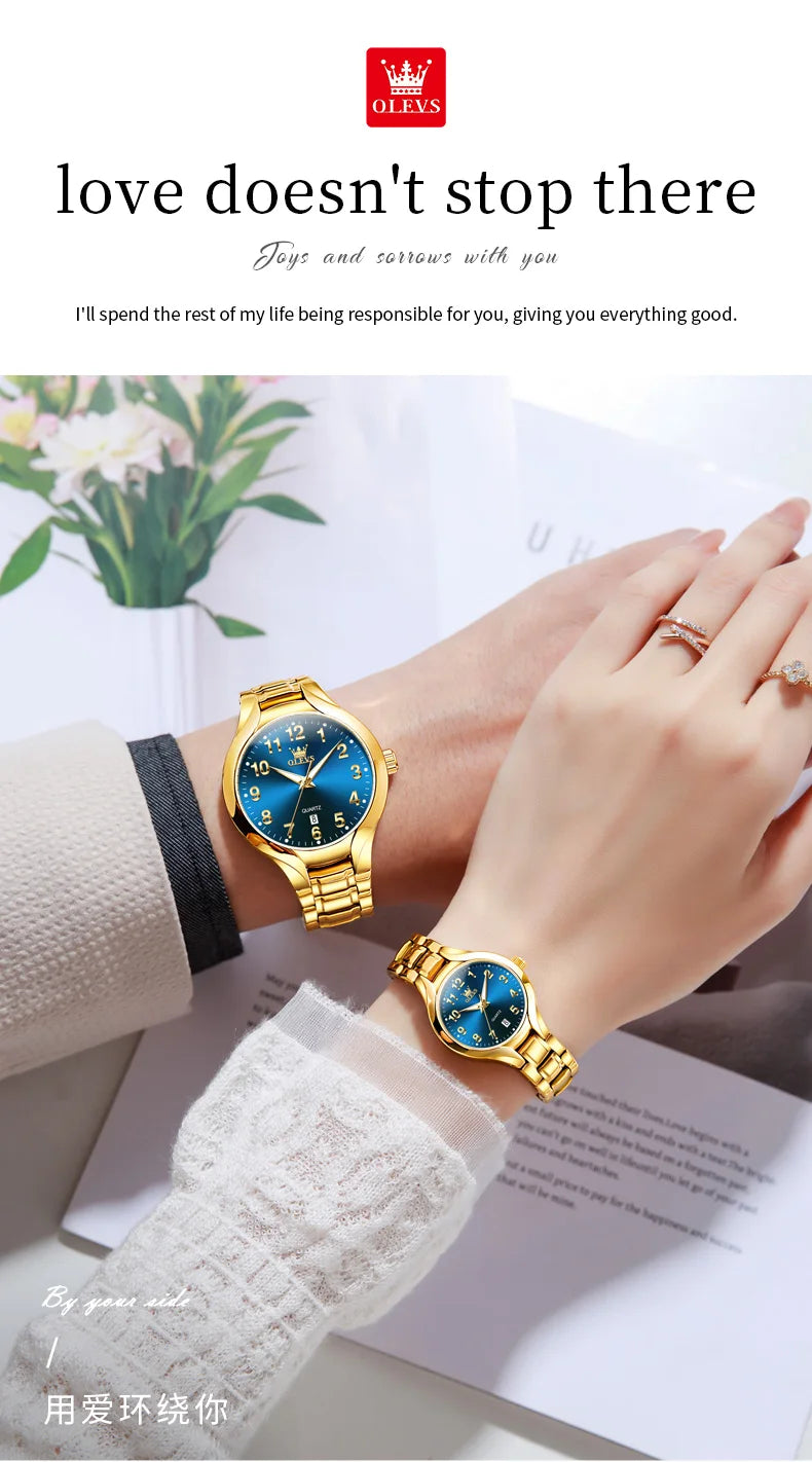 OLEVS 3650 Couple Watches For Men Women Number Scale Waterproof Quartz Dress Wristwatch Luminous Luxury Calendar Business Watch
