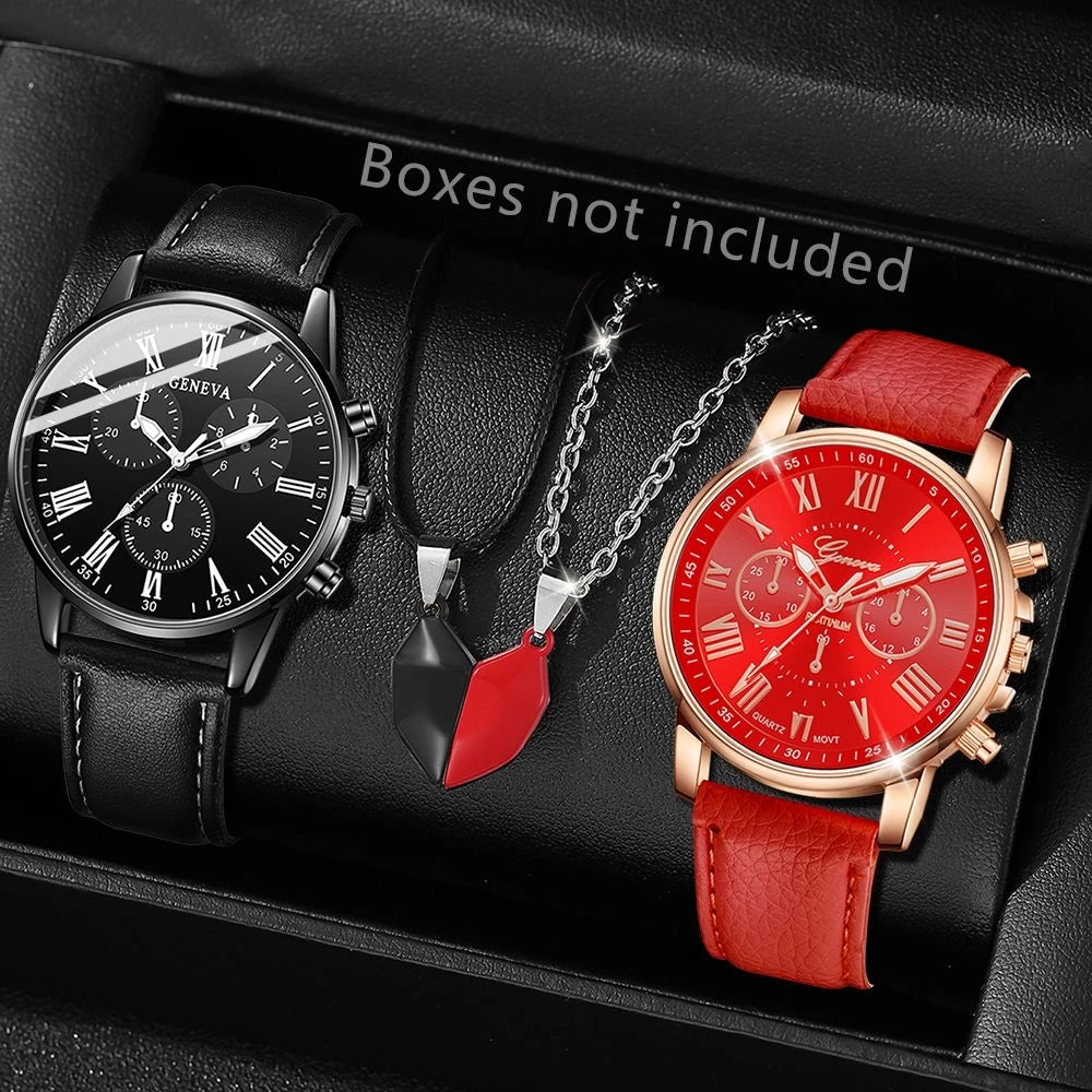 2PCS Set Couple Fashion Casual Leather Watches Ladies Simple Dial Quartz Wristwatches Dress Clock Montre Femme