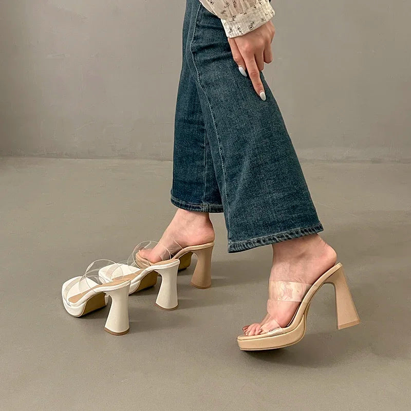 Women's Clear Sandals Summer Elegant Ladies Causal Mules Slippers Open-toe Sexy Luxury Women Fashion High Heels Platform Sandals