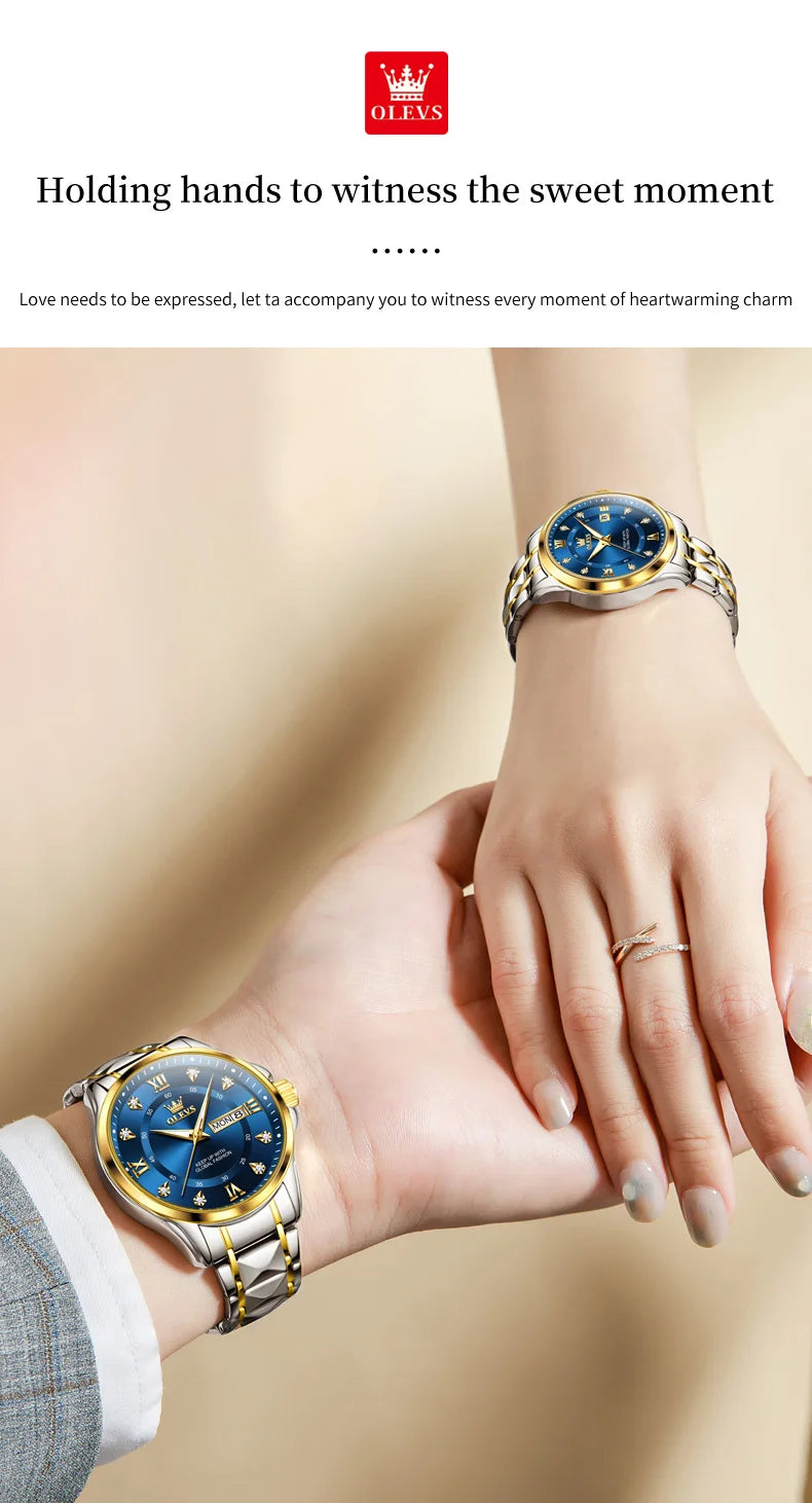 OLEVS 2906 Couple Watch Luxury Stainless Steel Waterproof Clock Fashion Roman Scale Diamond Calendar Dial Men Women Quartz Watch