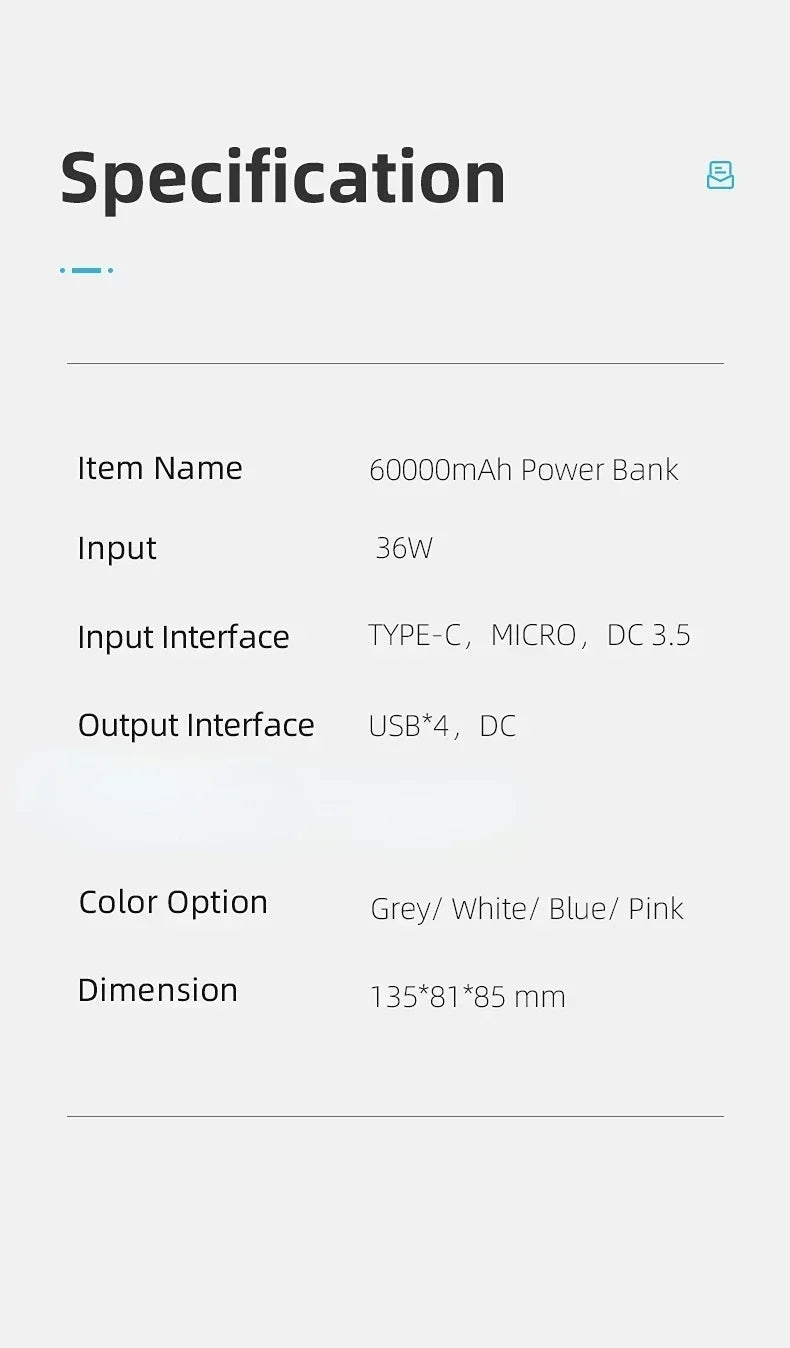 New power bank with large capacity 66W fast charging with cable outdoor camping mobile power supply 60,000 mAh large capacity
