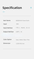 New power bank with large capacity 66W fast charging with cable outdoor camping mobile power supply 60,000 mAh large capacity