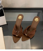 Elegant Woman Heeled Shoes 2025 New Open Toe Slippers Women Fashion Outdoor Metal Decoration Summer Plus Size Dress High Heels