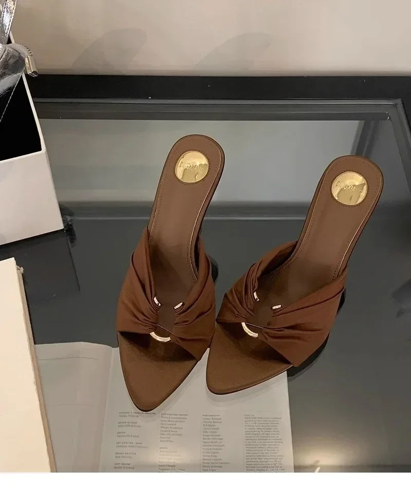 Elegant Woman Heeled Shoes 2025 New Open Toe Slippers Women Fashion Outdoor Metal Decoration Summer Plus Size Dress High Heels