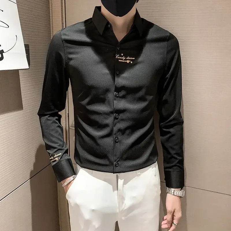 Shirts For Men Long Sleeve Embroidery White Man Shirt Social Cheap Things With Vintage Sleeves Slim Fit Sale Fashion 2025